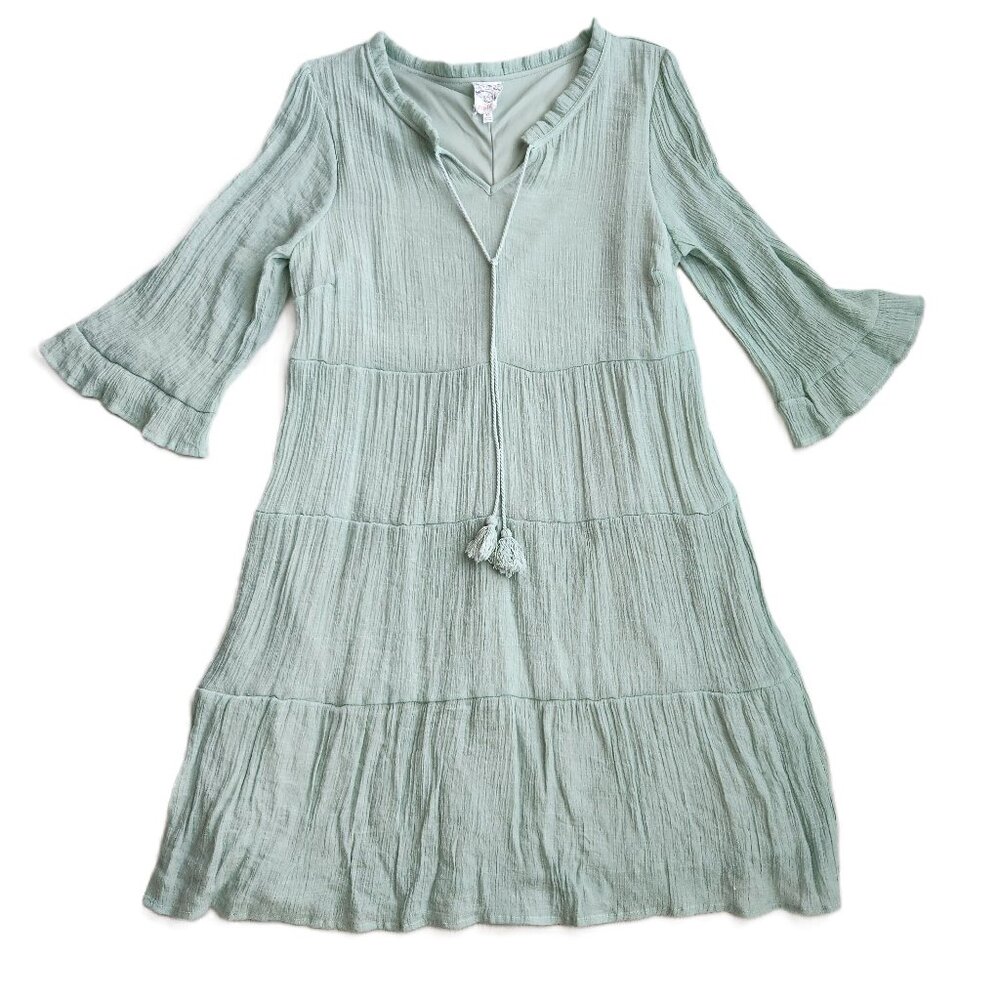 Naif Bohemian Sage Green Crinkle Gauze Tiered Mini Dress XL